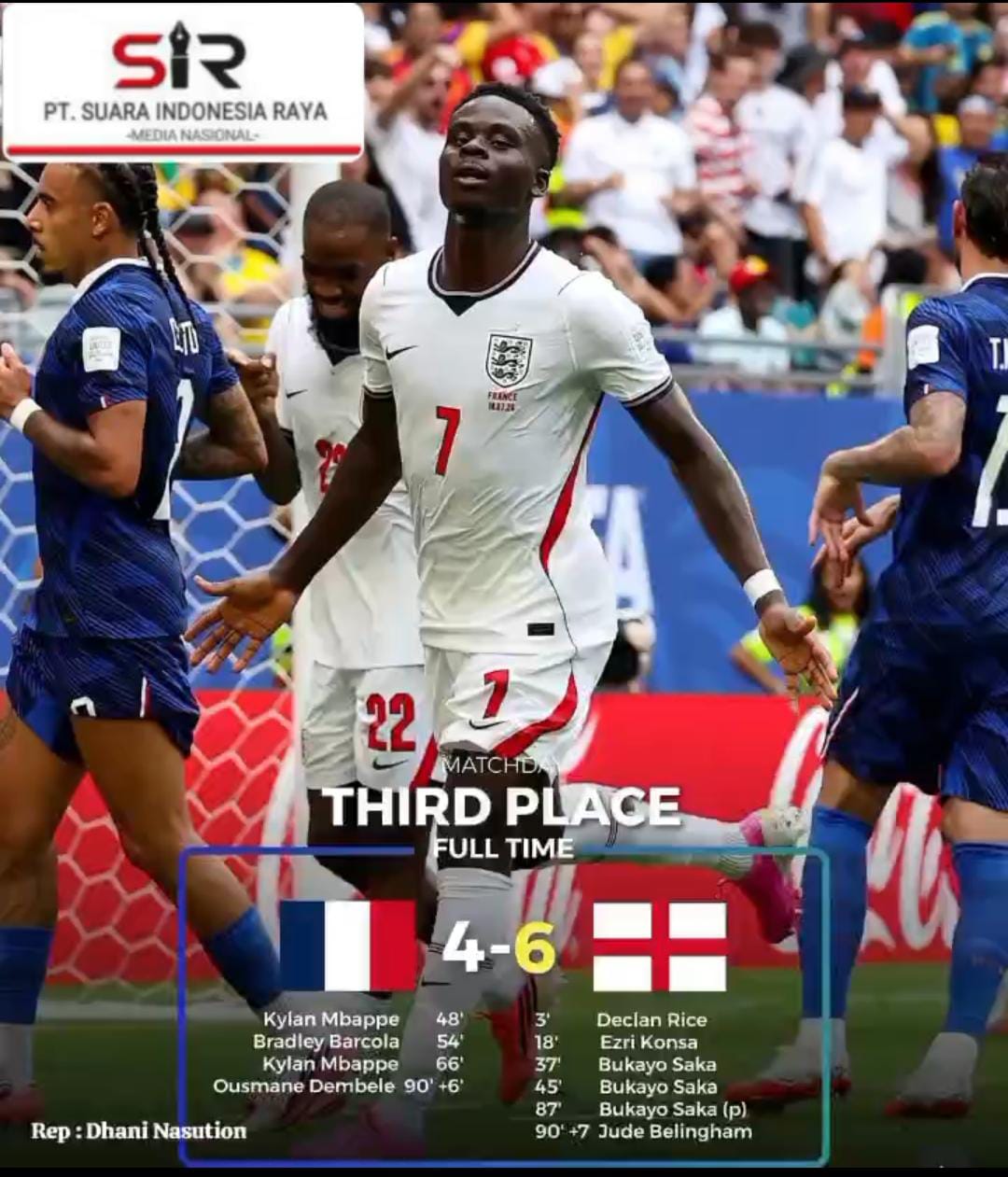 Foto: Inggris memastikan diri finis di peringkat ketiga Piala Dunia 2026 setelah menundukkan Prancis dengan skor 6-4 dalam laga dramatis di Stadion Miami, Minggu (19/7/2026).